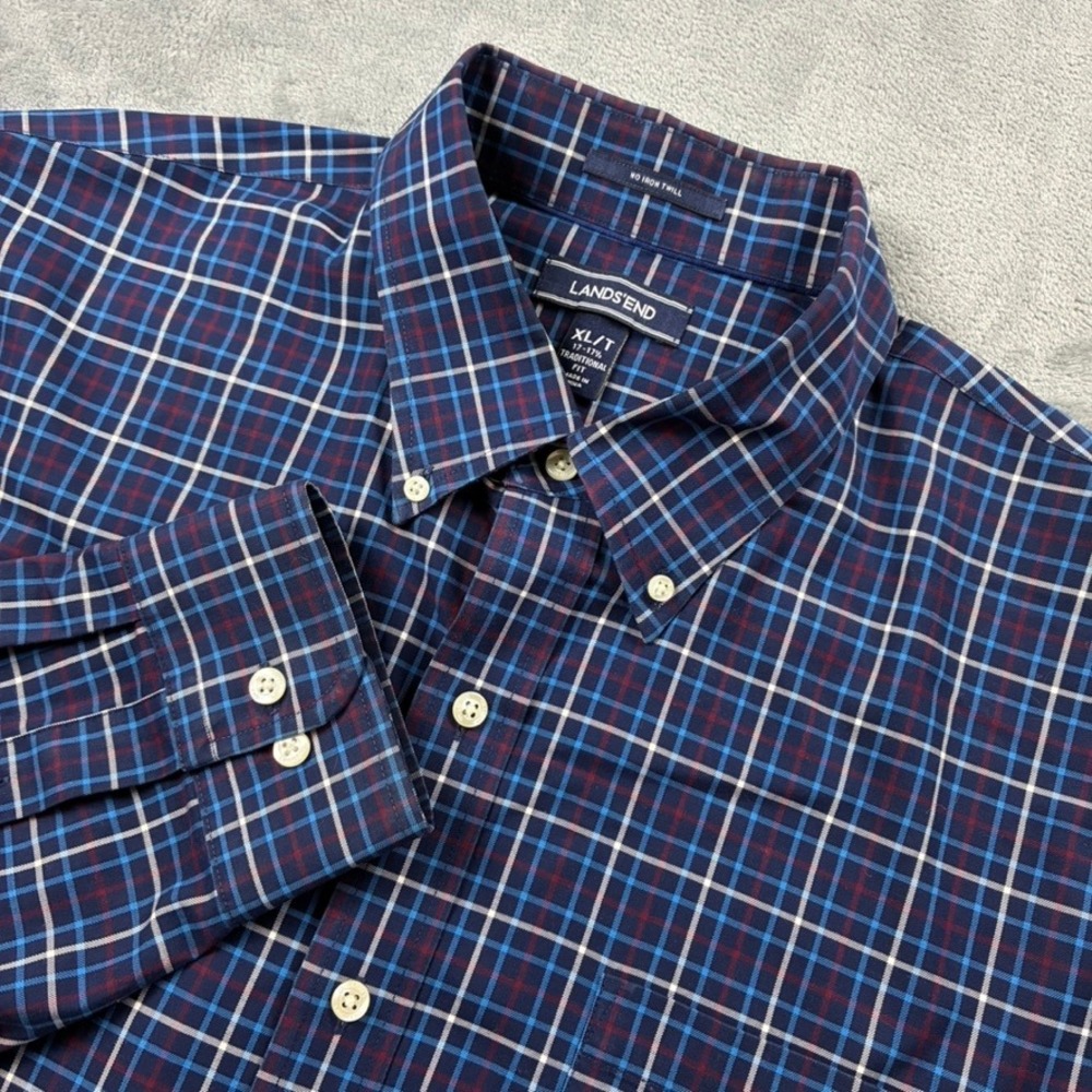 Lands End Mens XL Tall Navy Blue Red Plaid No Iron Twill Button Down Shirt XL/T
